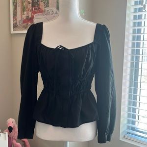 J. Crew Black Herringbone Cotton Cinched Waist Puffed Sleeve Top Women’s 14